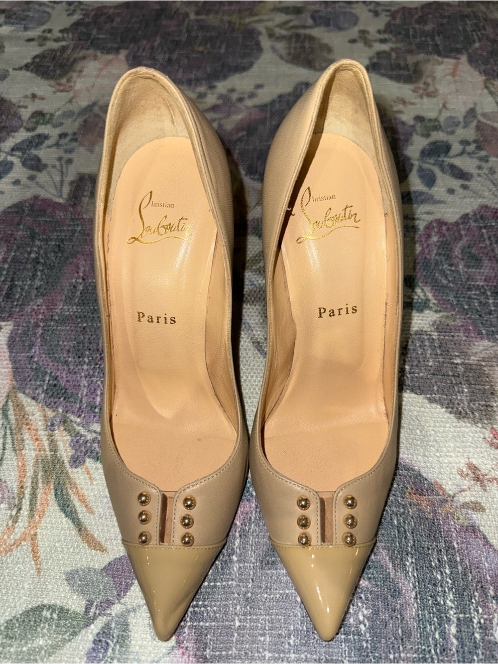 Christian Louboutin Beige Patent Leather Pointed Toe Pumps with Stud Detail